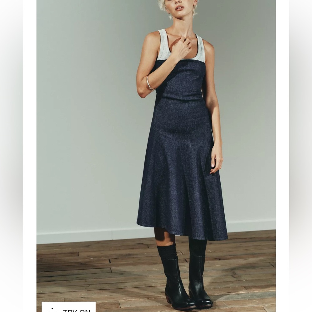 Zara NWT dark denim blue asymmetric hem strapless tube midi dress - Picture 3 of 13